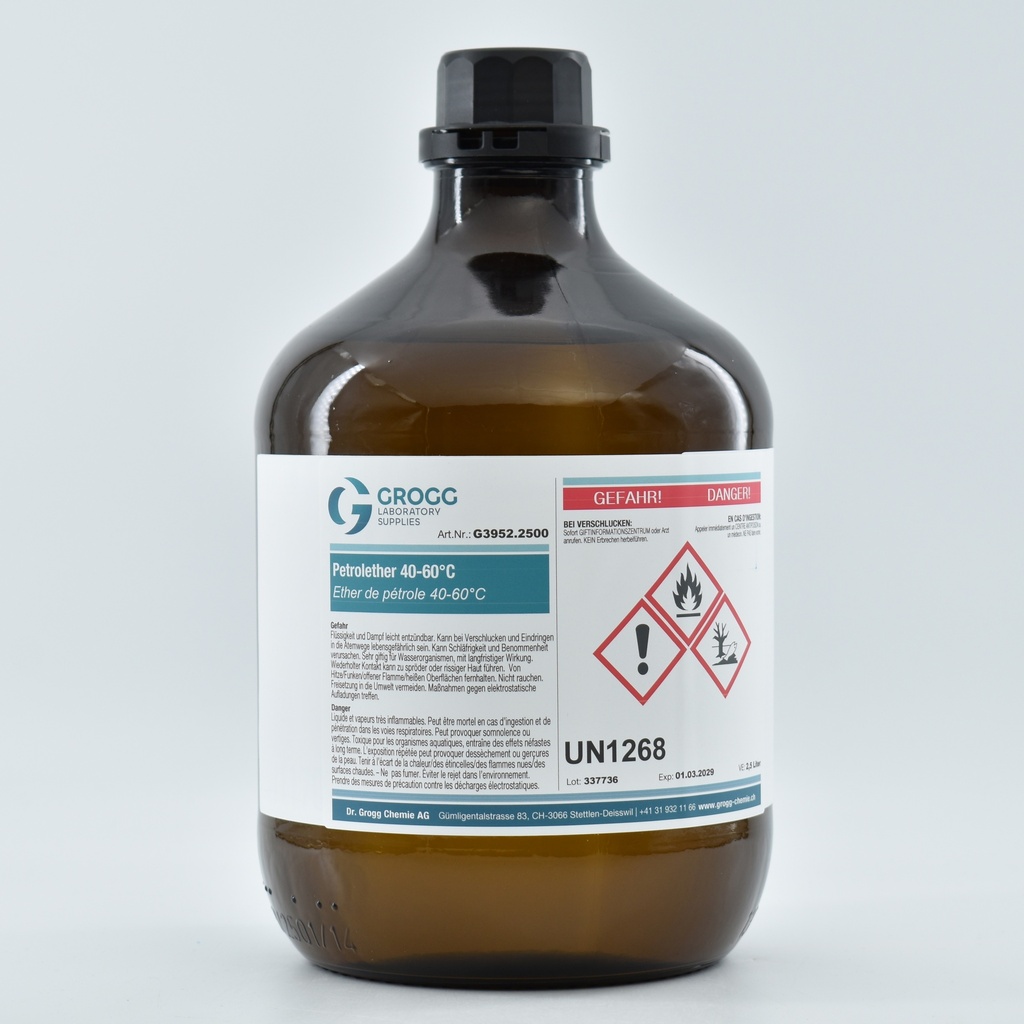 Petroleum ether 40-60°C (This product was taxed at a preferential rate; it may therefore not be used as fuel. Infringements will be penalised in accordance with the Mineral Oil Tax Act)