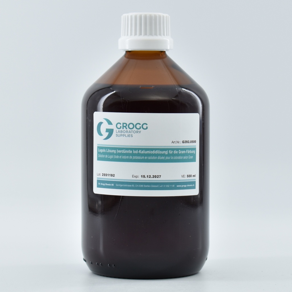 Solution de Lugol (solution diluée d'iodure de potassium et d'iode) pour la coloration de Gram