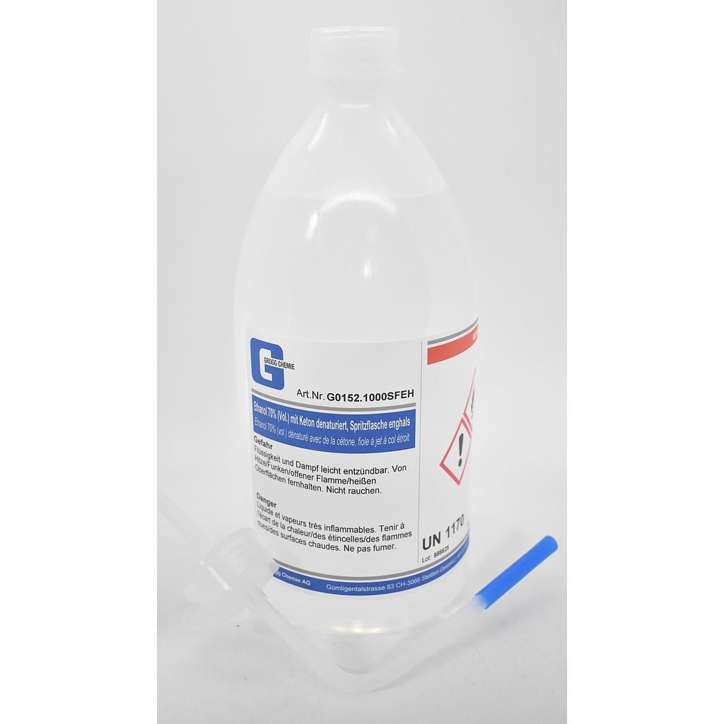Ethanol 70% (vol.) denatured with ketone, filled in narrow-necked spray bottle, complete incl. spray insert