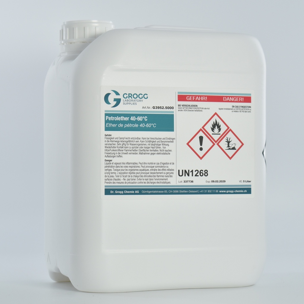 Ether de pétrole 40-60°C (Cette marchandise a été imposée à un taux de faveur ; elle ne peut donc pas être utilisée comme carburant. Les infractions sont sanctionnées conformément à la loi sur l'imposition des huiles minérales)