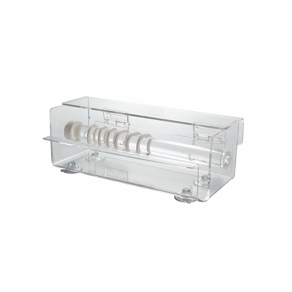 Abroller, für ablösbares und temperaturbeständiges Etikettenklebeband, Material: Acryll, für mehrere Rollen, nutzbare Breite: 220 mm , für Rollen-L: 12,7 m, für Rollen-B: 13 mm, 19 mm und 25 mm, mit Deckel und Saugfüßen