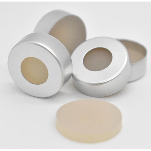 [G007-ACCSKFK30] 20 mm aluminum headspace flare caps, with 3 mm thick pigment-free ms-Pure silicone/PTFE septum, cap color silver