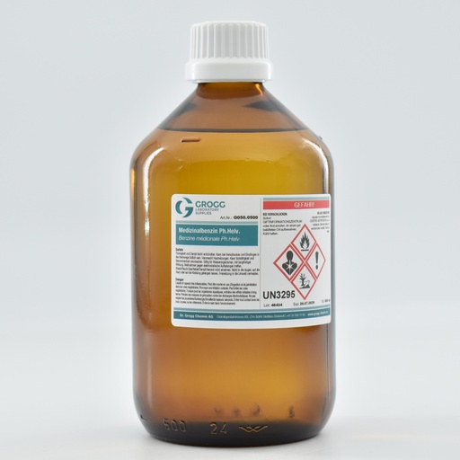 [G050.0500] Benzine médicinale Ph.Helv. (Cette marchandise a été imposée à un taux de faveur ; elle ne peut donc pas être utilisée comme carburant. Les infractions sont sanctionnées conformément à la loi sur l'imposition des huiles minérales)