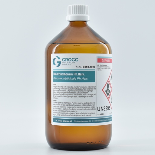 [G050.1000] Benzine médicinale Ph.Helv. (Cette marchandise a été imposée à un taux de faveur ; elle ne peut donc pas être utilisée comme carburant. Les infractions sont sanctionnées conformément à la loi sur l'imposition des huiles minérales)