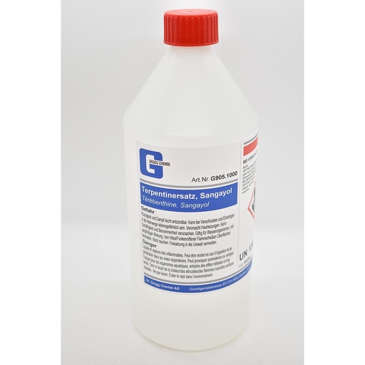 [G905.1000] Terpentinersatz, Sangayol (Diese Ware wurde zu einem begünstigten Satz versteuert; sie darf daher nicht als Treibstoff verwendet werden. Widerhandlungen werden nach dem Mineralölsteuergesetz geahndet)