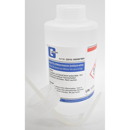 [G018.1000SFWH] Etanolo 70% (vol.) denaturato con metanolo, riempito in flacone a spruzzo a collo largo, completo di inserto di spruzzare