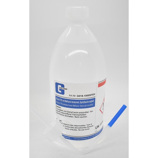 [G018.1000SFEH] Ethanol 70% (Vol.) mit Methanol denaturiert, abgefüllt in Spritzflasche enghals, komplett inkl. Spritzeinsatz